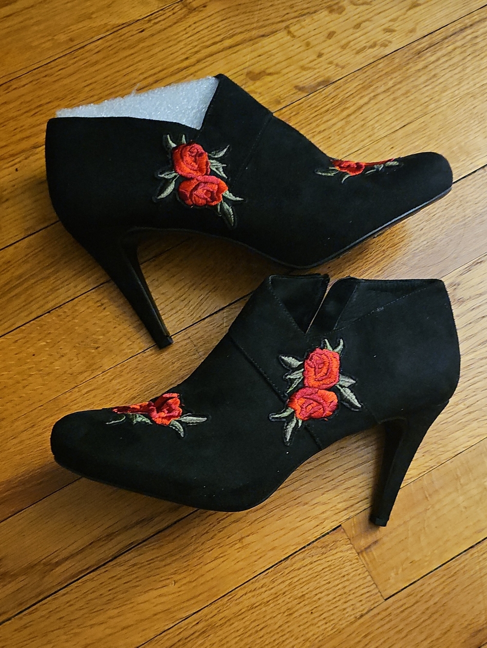Embroidered Rose Black Suede Ankle Booties - Women's
